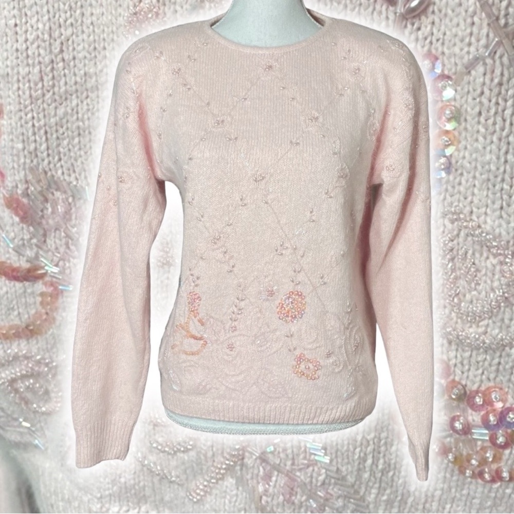Silk Angora Beaded Sweater S Embroidered Floral Pearl Beads Lambswool Cezanne